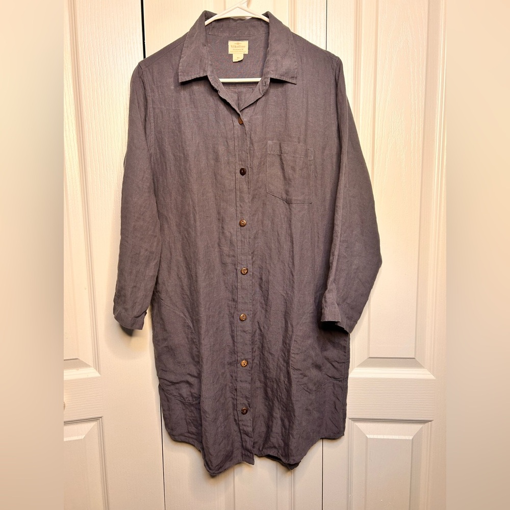Vikolino Women’s M/L 100% European Washed Linen Blue Dress Wooden Button Pockets